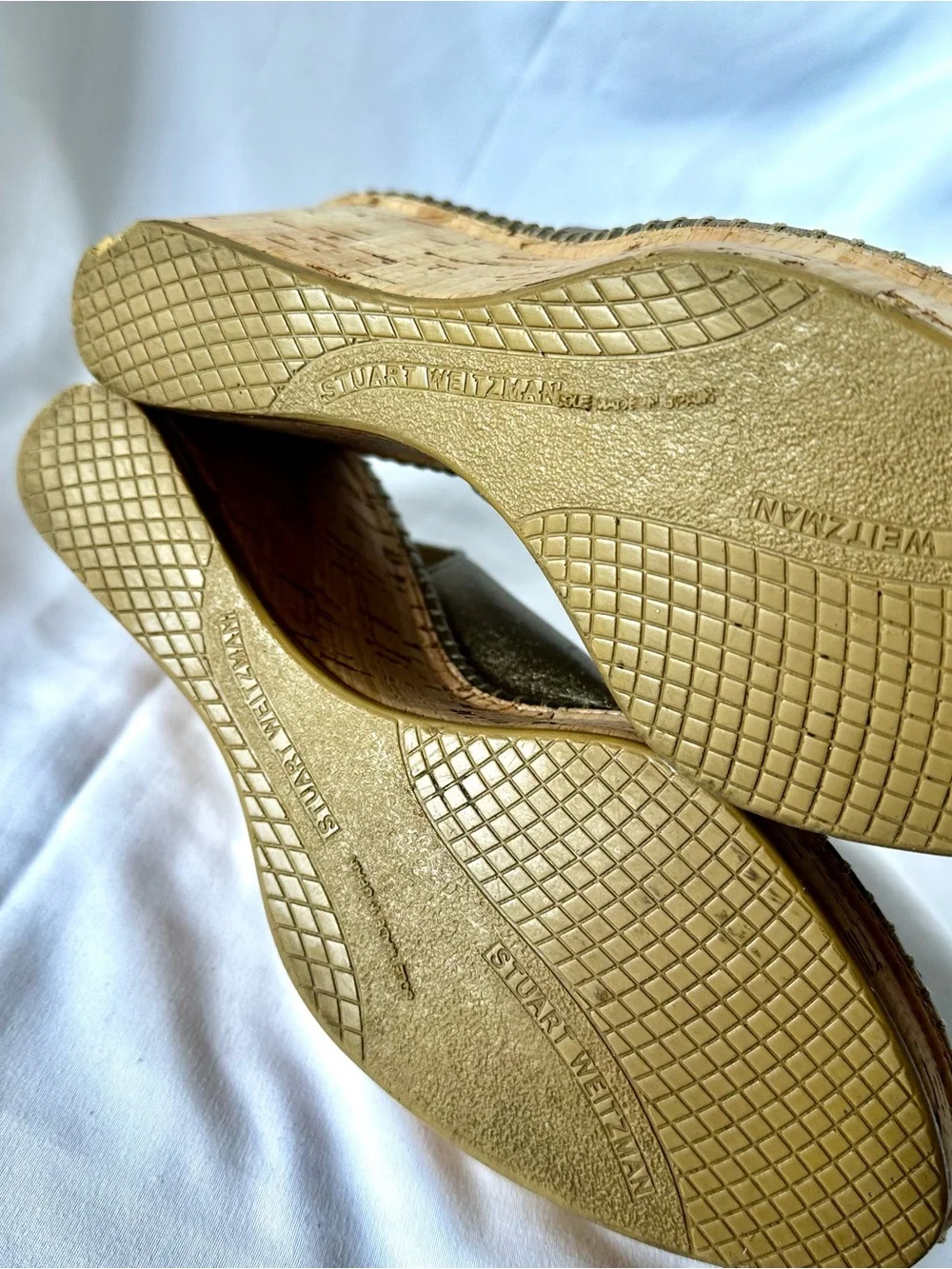 Stuart Weitzman Metallic Gold Peep-Toe Slingback Wedges - Picture 4 of 9
